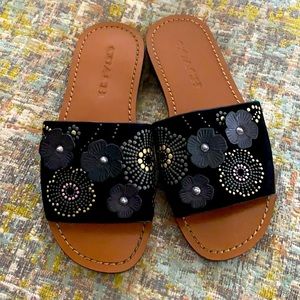 Black suede with flowers Coach slides